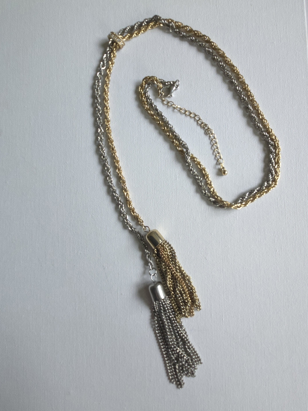 Mixed Metal Tassel Lariat Necklace Gold Silver Tone Rope Chain Rhinestone Slider